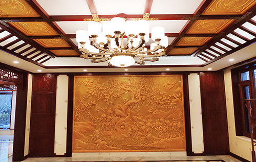 金湾中式别墅客厅中式木作横梁吊顶装饰展示